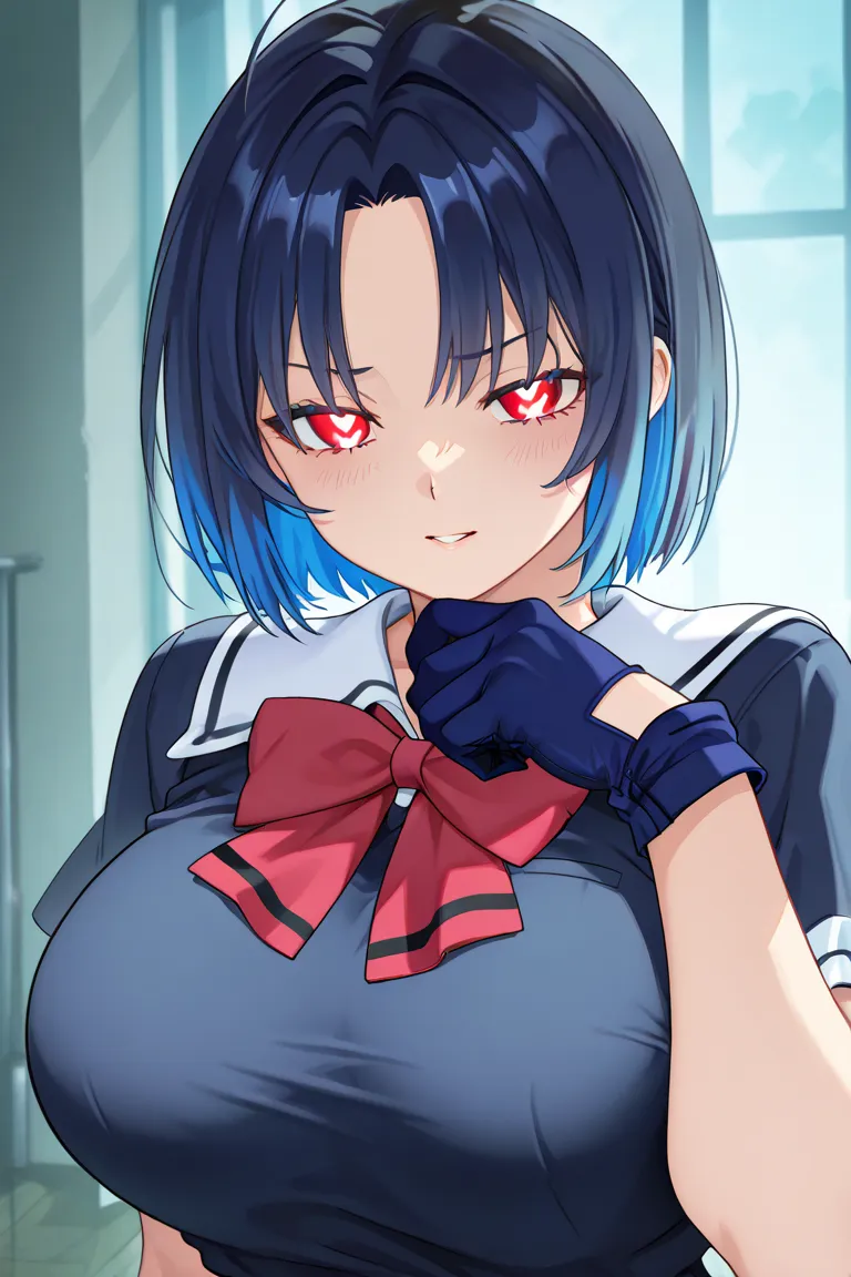  a girl with large breasts , blue hair, multicolored hair, detailed eyes, naughty expression, naughty, lust, Mita's uniform from the Miside game, blue glove, red eyes,  short hair