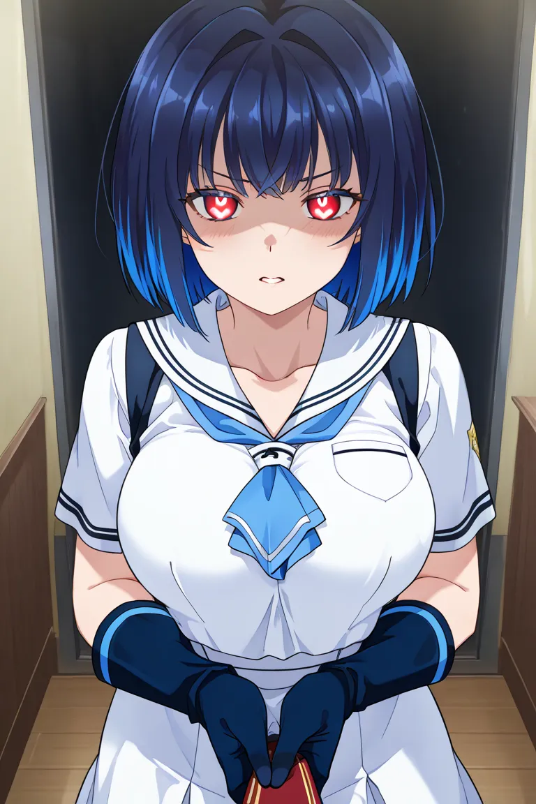  a girl with large breasts , blue hair, multicolored hair, detailed eyes, naughty expression, naughty, lust, Mita's uniform from the Miside game, blue glove, red eyes,  short hair