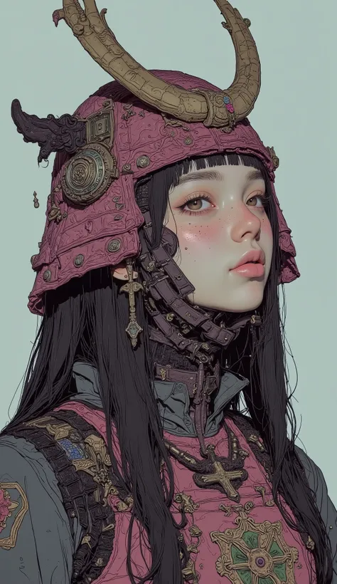 Close up of a woman wearing a pink and green helmet and samurai armor,  Exquisite Paintings Inspired by Yang Jun Chen, Tumbler, Fantasy Art, beautiful digital art standing under a star, pop japonism 3d ultra detail ,  Feudal Japanese Art , Make it an amazi...