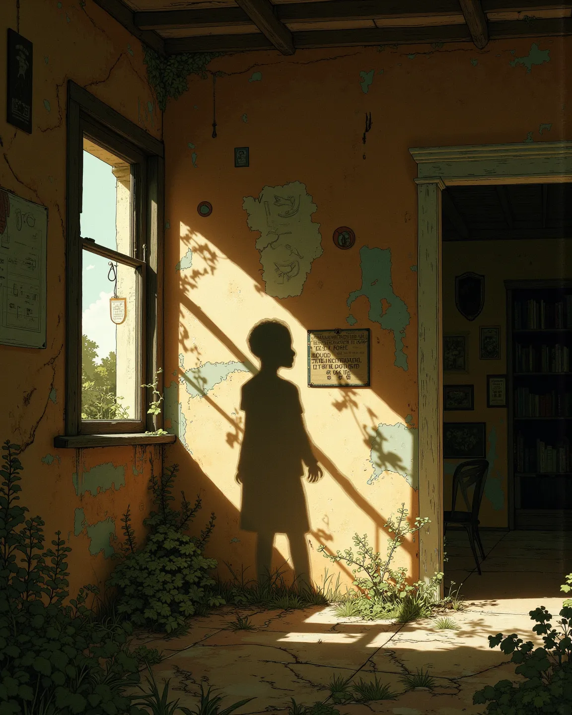 A Shadow on the Wall, evening, Old house, sunlight filtering through the trees, 's Shadow on the Wall,  Fantastic, Sepia, Sadness, Memories of the Past, Silence, Vanishing Shadow