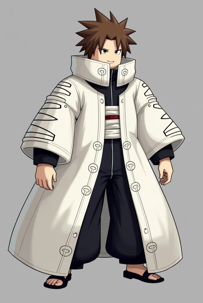 The outfit worn by the character in the image has a distinctive oversized, layered design. Here are the key details:

Top: A large, thick white robe with black accents and patterns. The upper part of the robe covers most of the character's neck and extends...