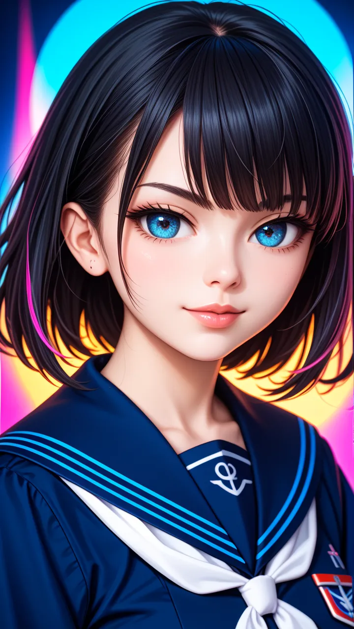 . **Short-haired blue sailor suit character**: Illustration depicting an anime-style character with black hair and bangs hanging over the eyes。
