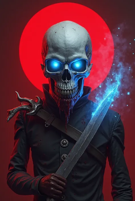 Red bloody background with white shiny  skull . Between the teeth of skull one cutlass is there with blood black eyes with blue flame beside skull with circular frame 