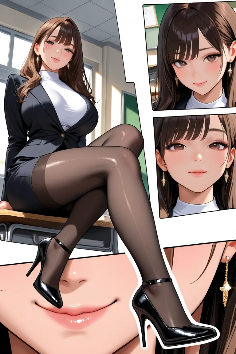 8k、Beautiful milf,  long beautiful hair 、perfect face, sitting, big breasts,viewers,Staring sadly,high resolution,high quality,  masterpiece ,  black tight black skirt  , white shirt, black jacket, shiny black high heels,  black stockings  , classroom,soft...