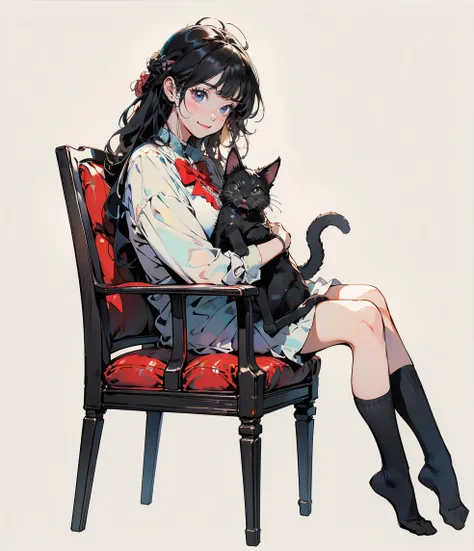 ((masterpiece:1.2)), ((Highest quality:1.2)),  1girl , ((1black kitten, sleeping on her lap:1.2), cute, peaceful, domestic, smile, friendly, warm atmosphere:1.2, Glaring eyes, braid hair, thigh-high socks)), (full body, Two Legs), (side shot), cat behavior...