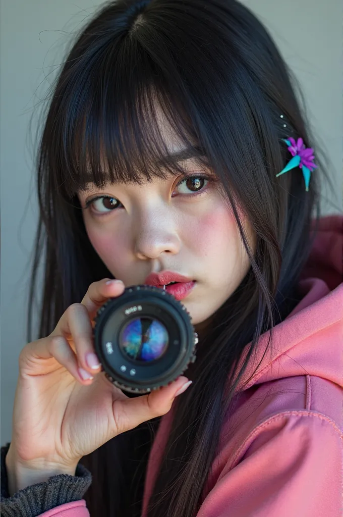 POTO ORIGINAL JAPANESE WOMAN 20TH LONG HAIRED STRAIGHT BLACK BRIM HER BRIM PURPLE AND BRIGHT BLUE COLOR BRIGHT FACE MIXAP GLOWED WEARS HOODED FABRIC JACKET PINK COLOR PICTURE POTONYA POTOYA FOREFINGER ON LIP PULBODY IN GRAB WITH HP IPON CAMERA LENS 45 REAL...