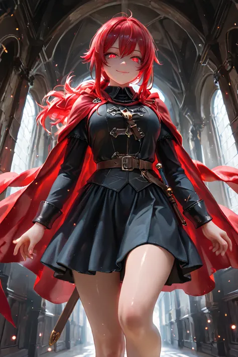 masterpiece, best quality, detailed eyes, semi realistic, 8k, girl, pure, emotionless, red low ponytail hair, red eye, fantasy hallway, black medieval luxury uniform with red accessories, nobility, little bit smile, red fluffy cape, looking down at viewer,...