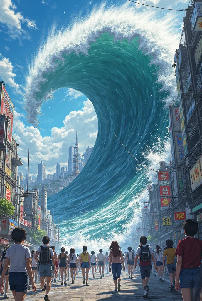 Tsunami invading the city anime-style style 