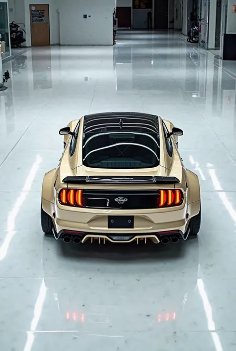 "A high-performance Ford Mustang sports car, rear view, customized with a widebody kit, large rear spoiler, quad exhaust tips, and aggressive rear diffuser. The car is painted in a sleek beige color with black accents. The scene is set in a futuristic, wel...