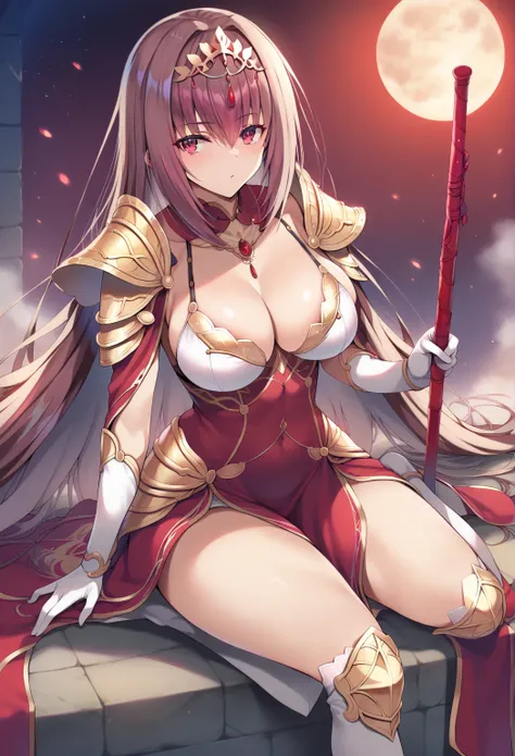  points  _9,  points  _8_go up   ,  points  _7_go up   , source   _anime,  1 girl, Scathach,fgo,fate grand order, long hair đỏ, red-eye,goddess,sacred gold armor of fantasy, Crown , shortened shoulder armor,,divine shape,gae bolg ,long bikini skirt, master...