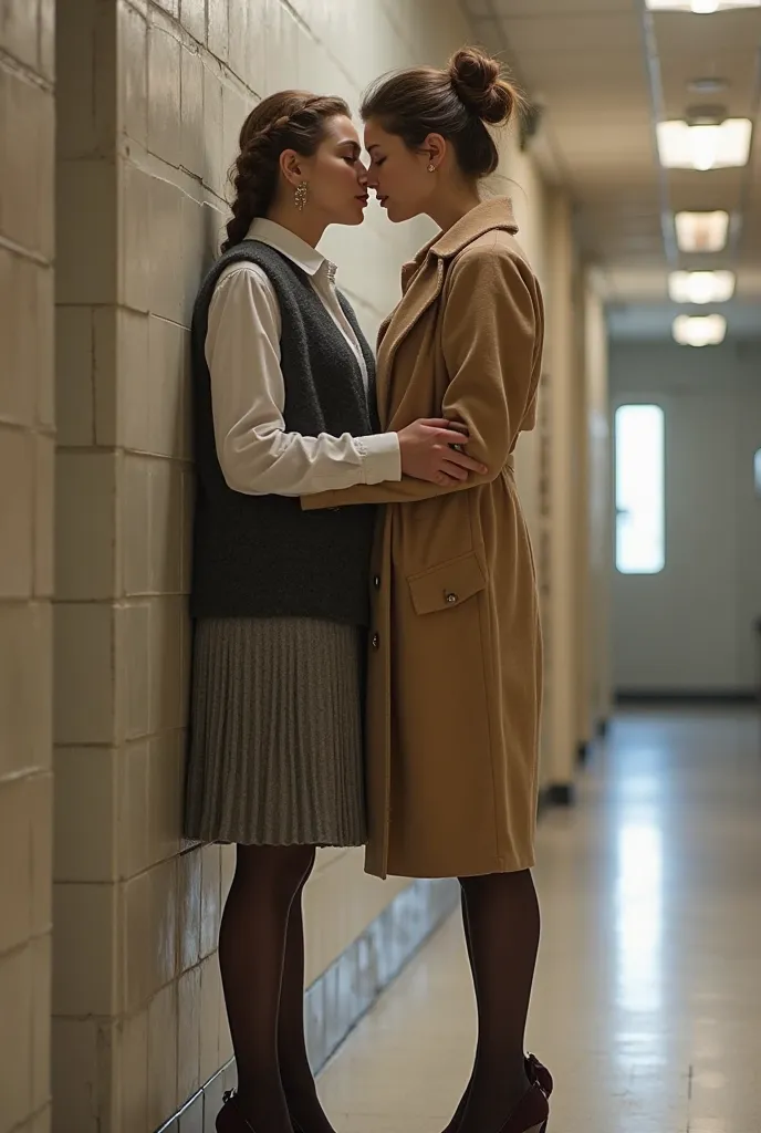 A Norweigian  girl and a 65-years-old stunning slim Mongolian woman with hair up. The   girl is wearing a braid, a Scottish style pletted skirt, white blouse, wool vest and matching gray wool coat, shiny tights, knee high dark brown heeled boots. The woman...