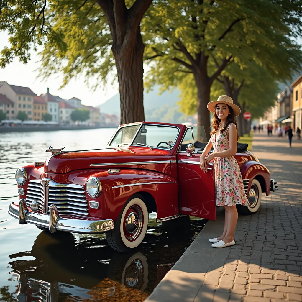 A young woman dressed in a vintage-style floral dress and a wide-brimmed straw hat, standing playfully with one hand on the open door of an iconic, cherry-red classic car, parked along a picturesque riverbank. The car, a gleaming symbol of a bygone era, fe...