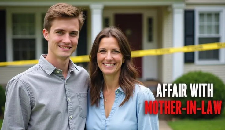 Image is a digitally edited photo with a dramatic theme. It features a young man and an older woman standing in front of a house. The young man has short brown hair and fair skin, wearing a light gray button-up shirt. The older woman has long brown hair, f...