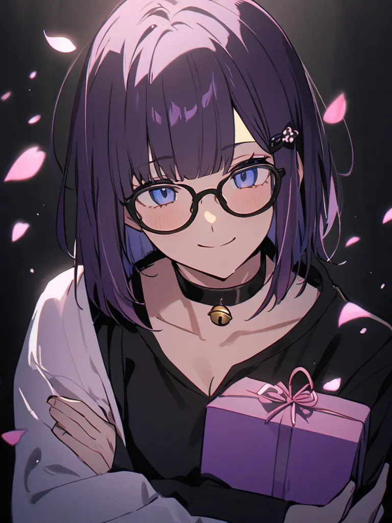 (absurd,high resolution,8k)(1人の male,solo,) male,Dark purple hair,Heavy bangs,Shortcut mushroom hair,black simple hairpin, blue eyes,Black round glasses, have a smiling face, shy smile,look at cleavage, choker with bell,Black long sleeve shirt,Birthday,hug...