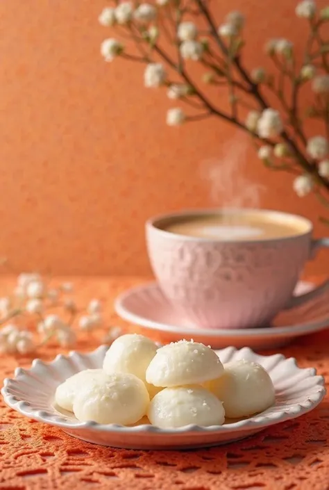 Create a photograph with a plate with tapioca and a pink cup of cappuccino , on top of an orange lace set