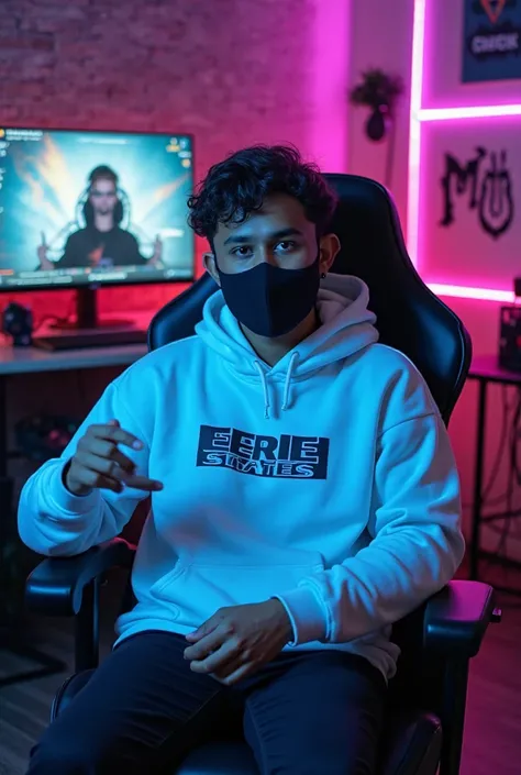 An Indian man age 21 year sitting confidently on a modern gaming chair in his YouTube studio. He is wearing a bright white hoodie with Eerie states horrible boldly printed on it. Also in Wall 

His face is clearly visible and expressive despite wearing a s...