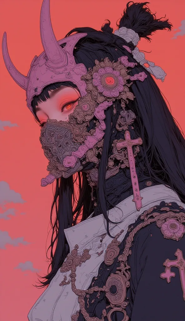 Close up of a woman wearing a pink and orange helmet and samurai armor,  Exquisite Paintings Inspired by Yang Jun Chen, Tumbler, Fantasy Art, beautiful digital art standing under a star, pop japonism 3d ultra detail ,  Feudal Japanese Art , Make it an amaz...