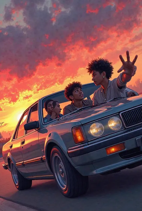 Make a trap music cover with a Toyota Mark X and three young people smoking and taking their heads out of the window going to sunset with a purple color 