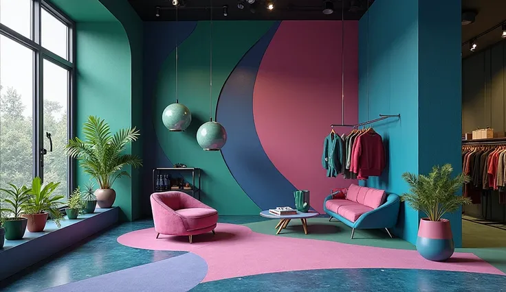 The innovative, contemporary and biophilic-style fashion shop, inspired the shape of Parametric wall, creating a serene and retreat. Use a rich palette of deep blues, greens, purples, and pinks, creating a bold yet sophisticated ambiance. Make it realistic...