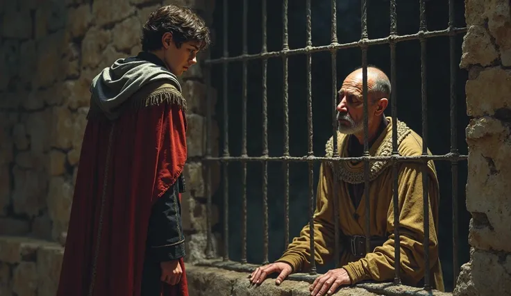 A young prince in royal attire looking sorrowfully at his father, who is imprisoned in a dark dungeon, weak and in pain, with iron bars casting shadows.