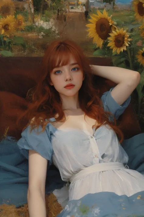 (oil painting:1.5),
\\
a woman with (long redhead wavy hair with bangs), ((blue eyes)) and sunflowers in her hair is laying down in a field of sunflowers, (amy sol:0.248), (stanley artgerm lau:0.106), (a detailed painting:0.353), (gothic art:0.106)