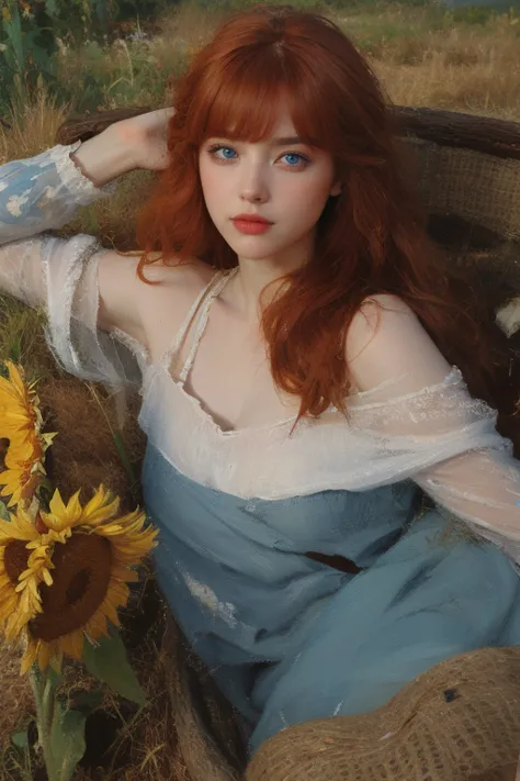 (oil painting:1.5),
\\
a woman with (long redhead wavy hair with bangs), ((blue eyes)) and sunflowers in her hair is laying down in a field of sunflowers, (amy sol:0.248), (stanley artgerm lau:0.106), (a detailed painting:0.353), (gothic art:0.106)