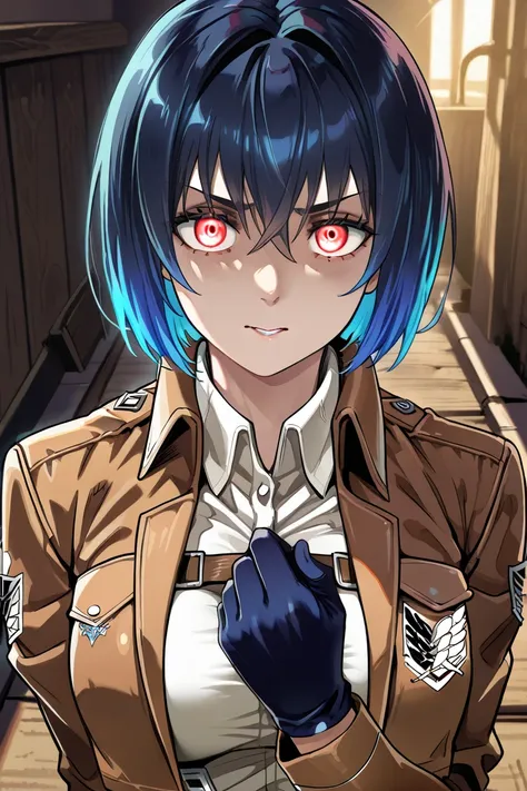  a girl with large breasts , blue hair, multicolored hair, detailed eyes, naughty expression, naughty, lust, Uniforme de Attack on titan, blue glove, red eyes,  short hair