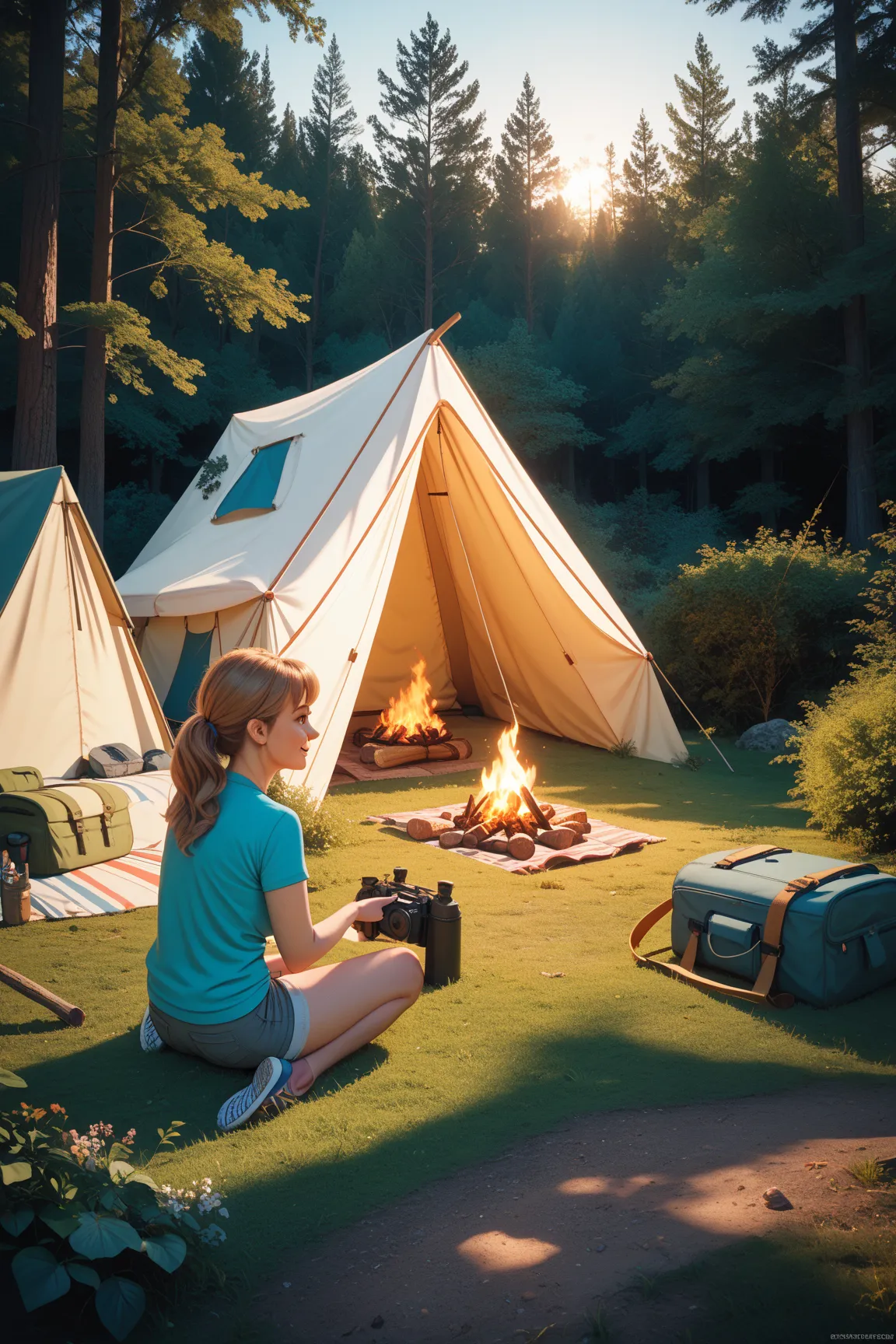 8k,HD、high quality、masterpiece、anatomically correct、 accurate human body、perfect face、detailed eyes、5 Fingers,
Mother and  boy enjoying camping at a sunny campsite、