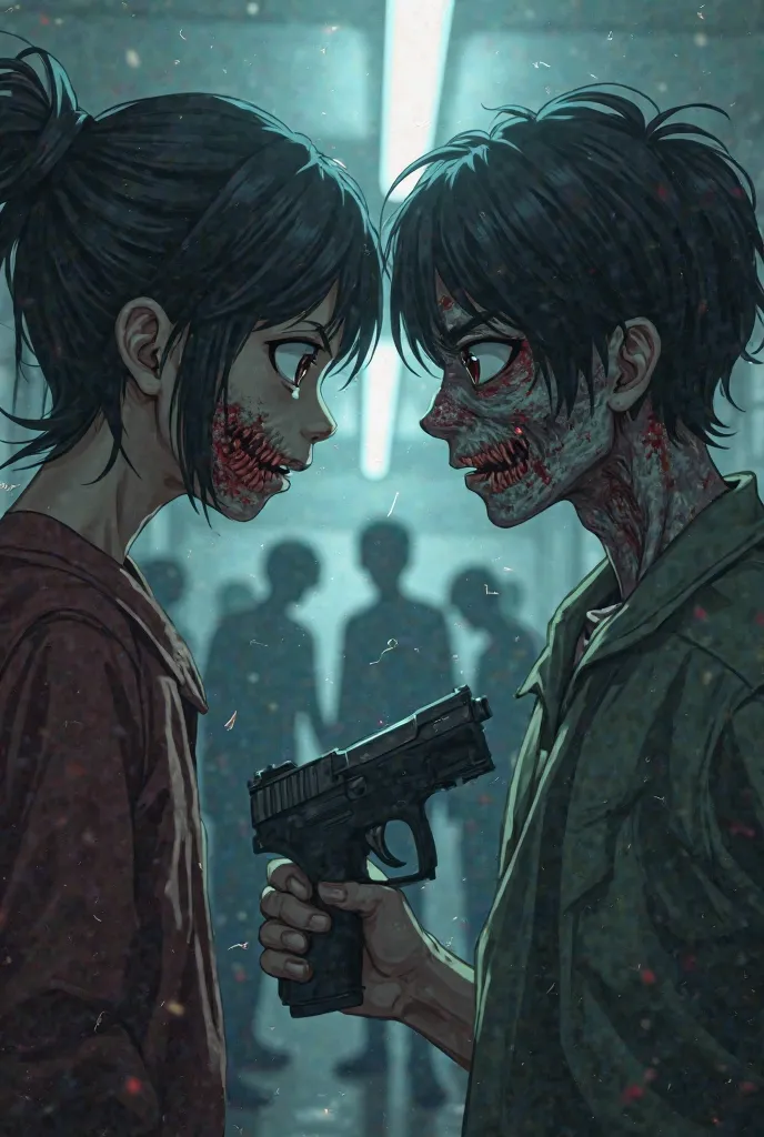 Anime human pointing a gun at a handsome zombie sitting down looking at him as if in love while zombies walks in background