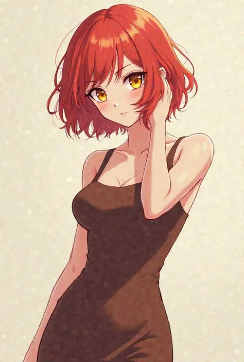 anime girl with red hair and yellow eyes. Wearing a tight chocolate sundress and high heels.