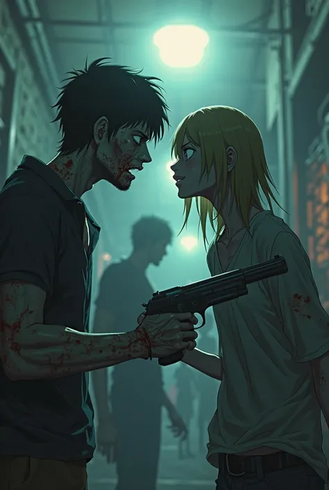 Anime human pointing a gun at a handsome zombie sitting down looking at him as if in love while zombies walks in background