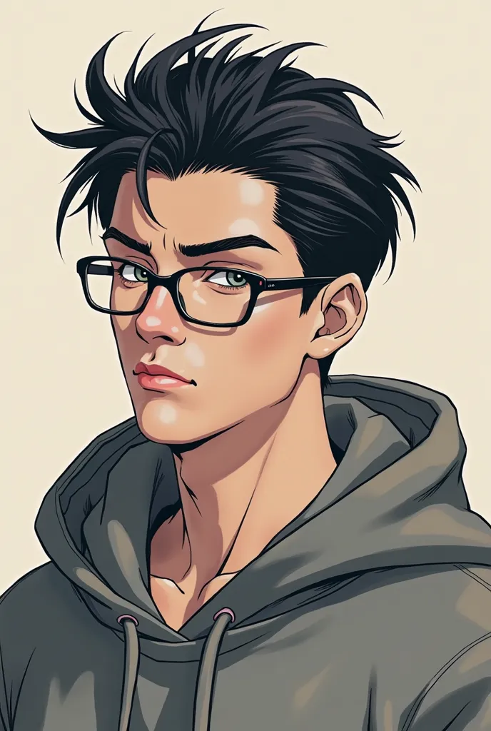 Create a anime but a bit realistic kind of male drawing. His hair is black and like slick back, stern face, good looking face, wears square glasses, wearing hoodie, anime like.