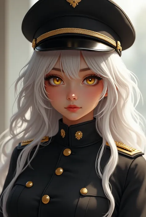 You have an image of a beautiful Russian girl, with perfect brown skin with an angelic appearance, with long platinum white hair and bright YELLOW eyes, with black military suit and hat, greeting,  realistic style