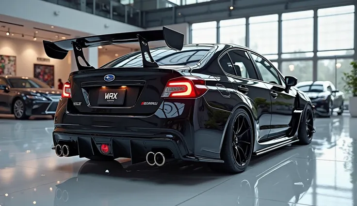 create an ultra-detailed 3D render straight back end view, of a modern 2025 Subaru Impreza WRX STI with a bold designy looking long like limousine captured from back view. The car should feature a 'Gleamy oily Black 'color and black accents with a ' Subaru...