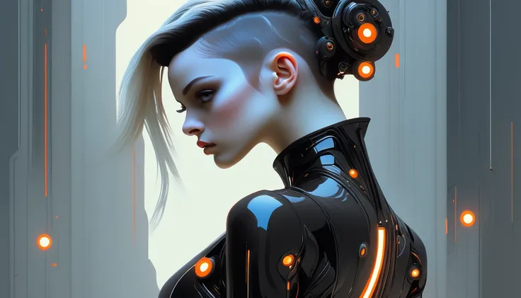 From illustrator neco's "FALSLANDER" series, A futuristic cybernetic female warrior with a striking combination of human and robotic features stands confidently. She wears a sleek, high-tech black bodysuit with a glossy, armored surface that seamlessly int...