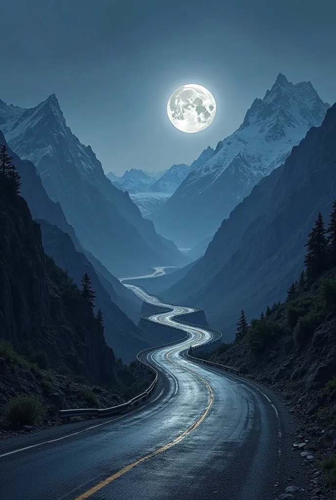 A highway with mountains in night