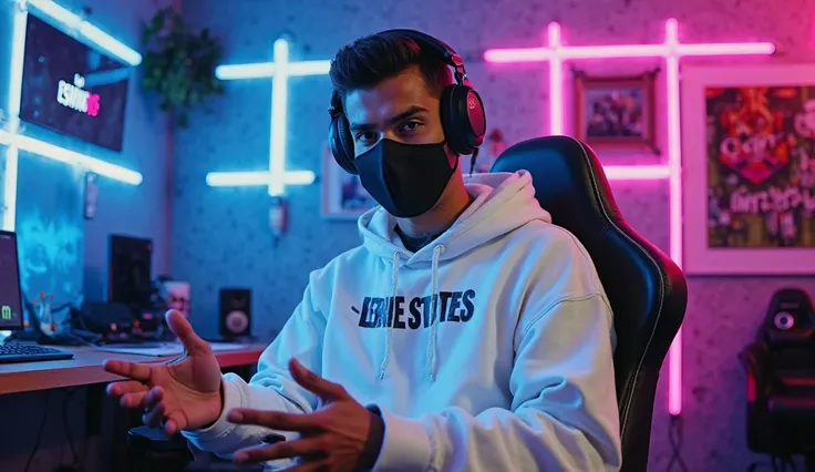 An Indian man age 19 year sitting confidently on a modern gaming chair in his YouTube studio. He is wearing a bright white hoodie with Eerie states horrible boldly printed on it. Also in Wall 

His face is clearly visible and expressive despite wearing a s...