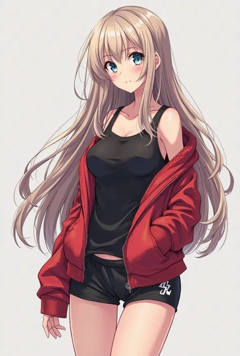 Anime girl in the style of Bleach, long hair, medium height, elegant shoulders, easy and simple, The chest is average, slightly curvy thighs, leg gap, short tight sports shorts, the jacket covers the navel, the sweatshirt is tight, 