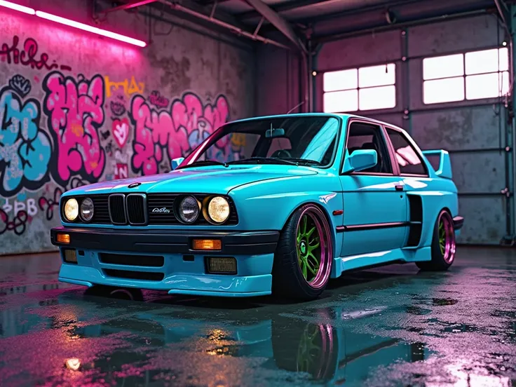 can u crate a custom-made bmw 325is with bodykit in a garage with neon blue and pink and the garage is all wet with graffiti design and black and green dot in center of the  wheels rotate the car to the right