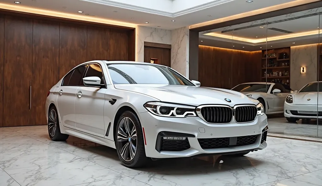 Right view of BMW 5 Series in 2025 White color in luxury garage 