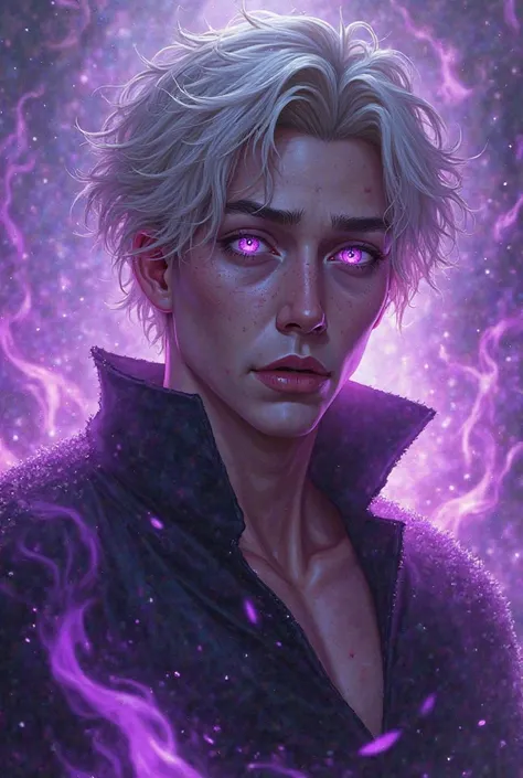 Guardian of the underworld, male purple eyes with short silver blond hair, fangs handsome and purple fire surrounding him- make him look ethereal