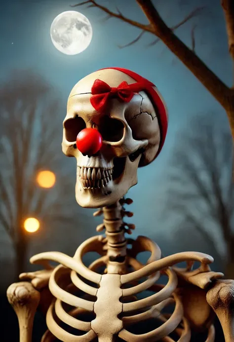 RUD0LPH1, middle shot of a skeleton, drink, luminous red plastic nose, installed in a cemetery at night, under the light of the moon, Christmas, , realistic, photo RAW, intricate details, Dynamic, best quality