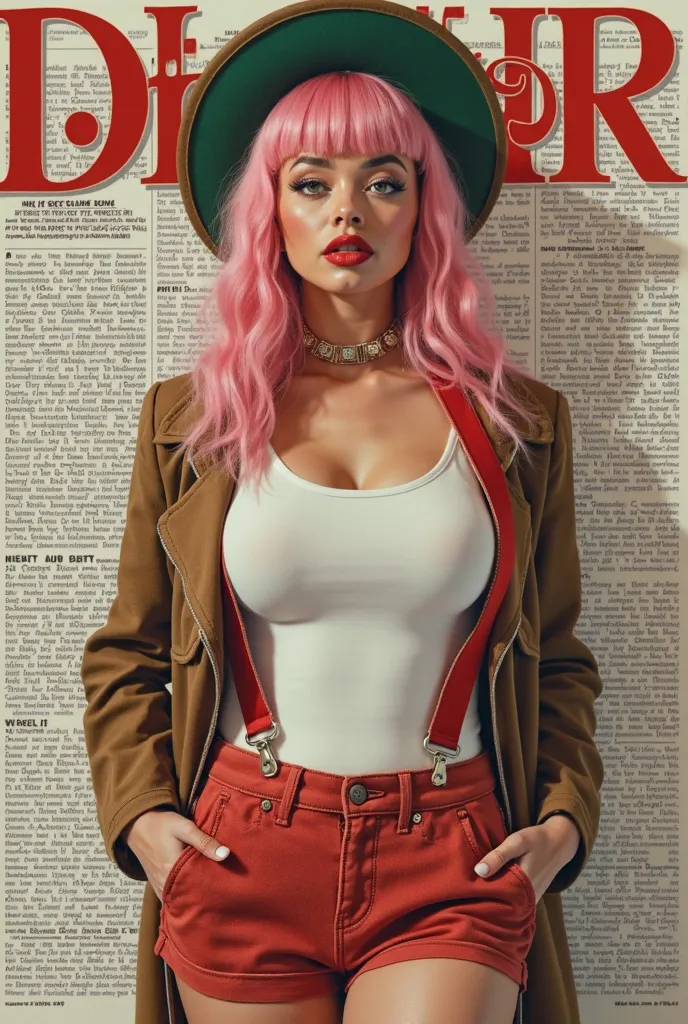 Jewelry Bonney real woman hyperrealistic Hyperrealism as the protagonist of the cover and with background texts as if it were a real magazine.  outfit.  hyperrealism. live action magazine. big breasts.  pink hair. white t-shirt. red suspenders.  brown jack...