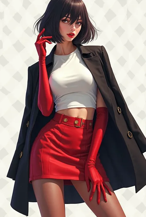 A red short skirt with a, white t shirts and skin colour pantyhose and red gloves with, black coat shoes 