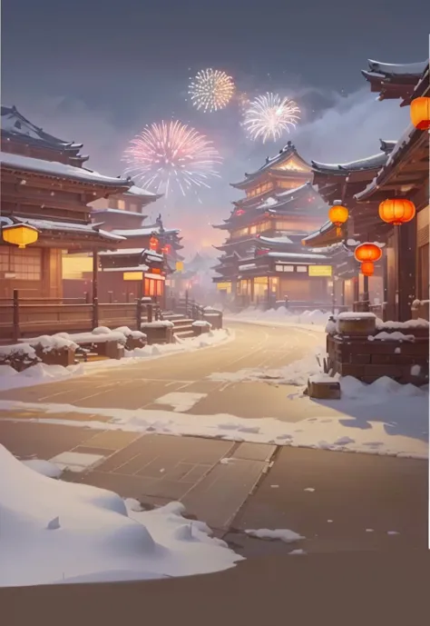 Close-up shot of a street with fireworks in the sky, From Overwatch,  Winter Concept Art ,  traditional Japanese conceptual art,  rossglobal lighting , official overwatch game art, screenshot From Overwatch,  Overwatch ink art ,  Blizzard Concept Art , Tow...