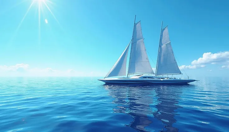 "A futuristic ship with sleek, modern sails glides across a seemingly endless blue sea. The sky is a rich, cloudless cerulean, and the slightly rippling waves reflect the bright sunlight with mesmerizing clarity. The ultra-realistic details capture every r...