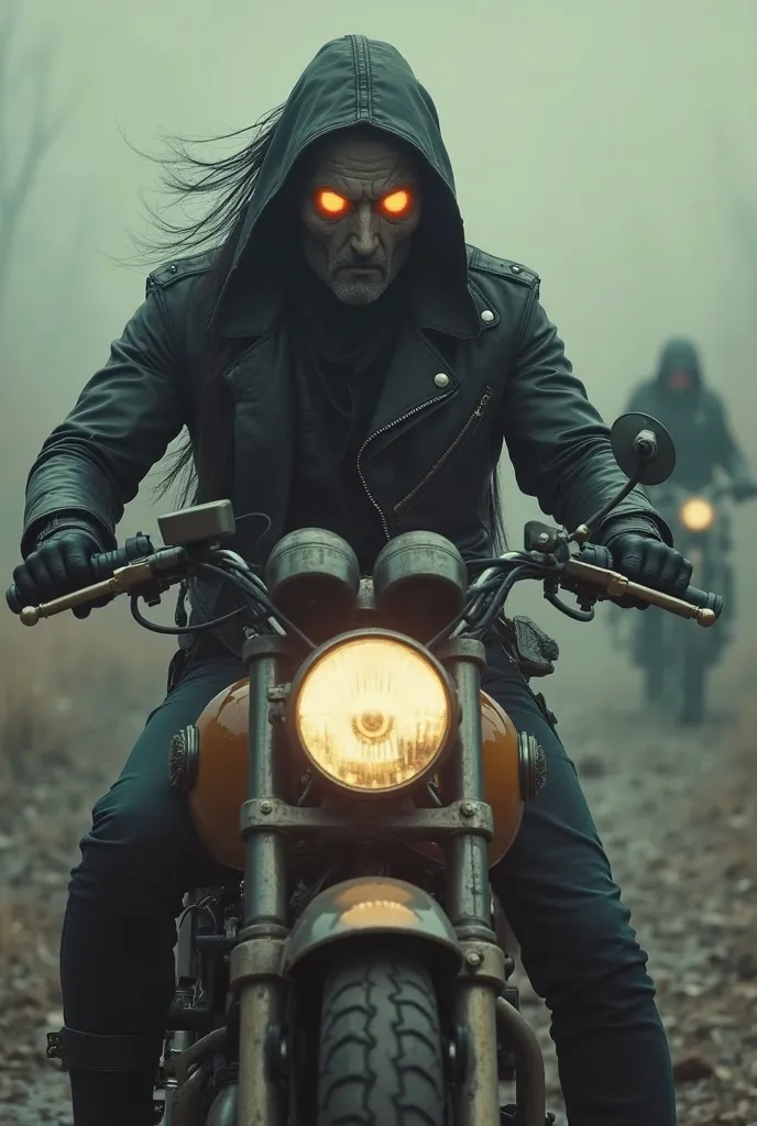 a ghost rider riding a motorcycle, leather jacket, detailed face, glowing eyes, unclear background, enemy following  , post-apocalyptic landscape, dramatic lighting, cinematic composition, muted color palette, gritty and atmospheric, hyper-detailed, 8k, ph...