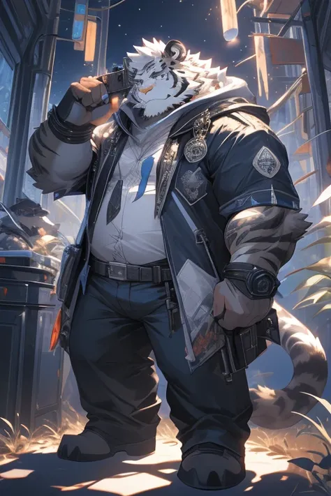 Anthropomorphic gray tiger (solo,male,gray and white fur,white hair,gray pupil eyes,scar accross the eye,middle-aged,herotic clothes,astral sci-fi style,tall (10'2 tall)) chubby,muscular arms, muscular legs,cool,handsome,huge,massive,big,burly,strong,fluff...