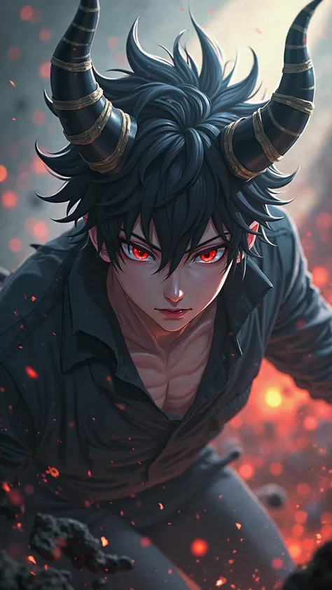 demon masculin 20 ans ,il a des  cheveux  moitier noir et  blanc , cheveux courts,les yeux noir , il a des cornes sur la tete , anime, sexy, se combat 