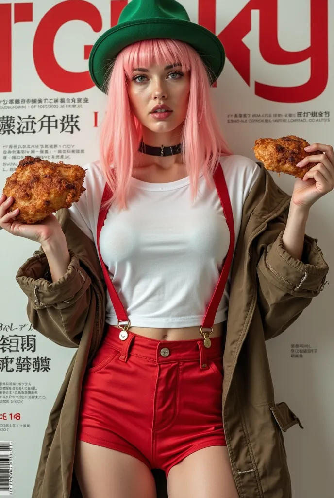 ewelry Bonney real hyperrealistic woman Hyperrealism as the protagonist of the cover and with background texts as if it were a real magazine.  outfit.  hyperrealism. live action magazine. big breasts.  pink hair. white t-shirt. red suspenders.  brown jacke...